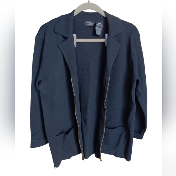 Women's Liz Claiborne navy wool zip-front sweater size L - Picture 1 of 4